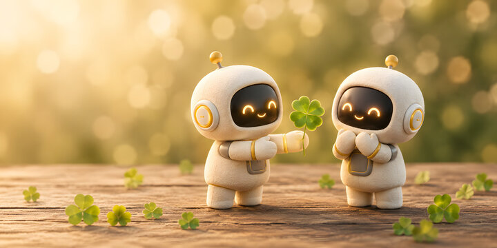 cute robots sharing a four-leaf clover