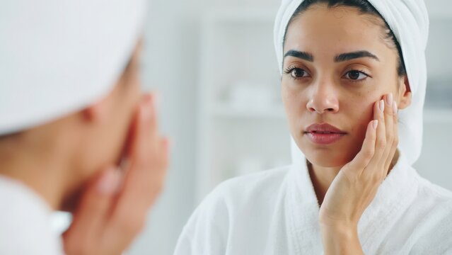 Young woman with a towel on her head looking at her reflection in the bathroom mirror