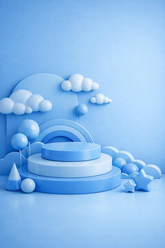 3D Blue Minimalist Product Podium With Clouds And Stars