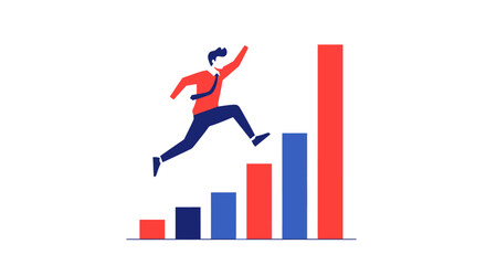 Fototapeta premium Businessman Leaping Over Rising Bar Chart Columns Representing Financial Growth and Career Success