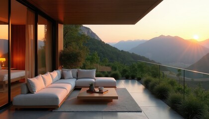Obraz premium Modern balcony with white sofa and coffee table offers mountain views at sunset. Luxury home interior merges with nature, creating peaceful retreat. Elegant design invites relaxation.