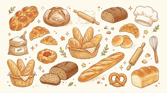 Artistic set of hand drawn bakery bread doodles and pastry sketches, collection of rustic vector illustrations for cafe menu design and food shop branding graphics.
