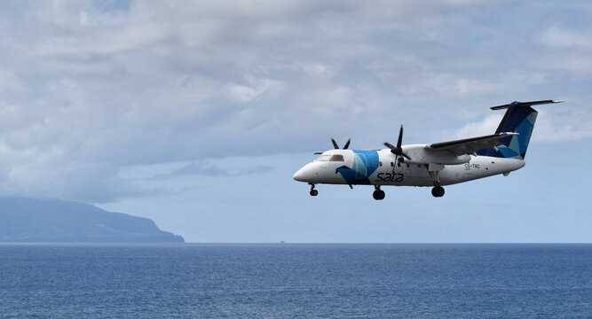 Corvo, Azores, Portugal &ndash; July 6, 2025: A small twin-engine turboprop aircraft lands on the runway on the island of Corvo.