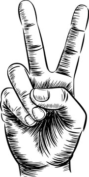 Un dibujo a mano en blanco y negro de una mano humana mostrando el gesto del signo de la victoria o la paz aislado