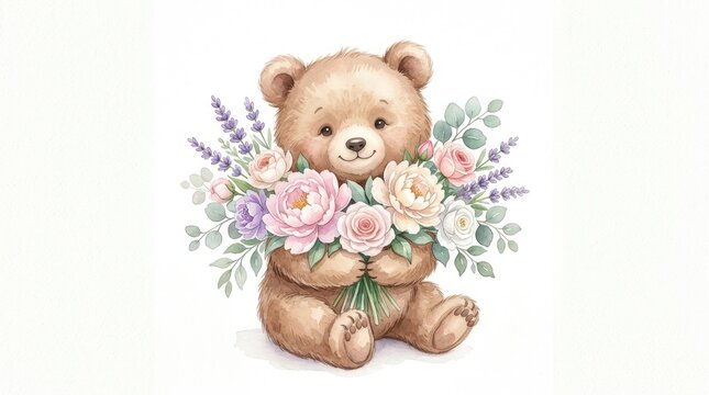 A cute teddy bear sits and holds a bouquet of flowers.