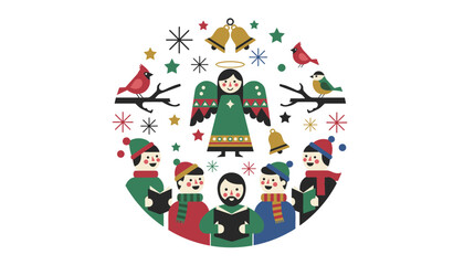 Naklejka premium Group of festive christmas carolers singing together in a circular winter composition with a green angel and red cardinal birds.