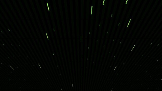 Abstract cinematic footage of glowing green digital lines moving in a dark void