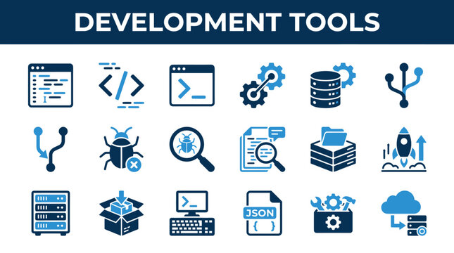 Collection of modern development tools and programming symbols in blue shades on white background for coding projects
