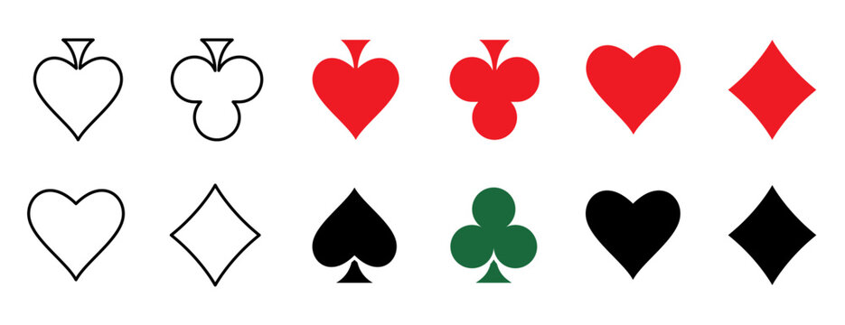 Suit deck of playing cards icon set template. Spade club heart diamond poker suit symbol graphic element collection. Vector illustration