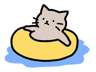 浮き輪に乗ってくつろぐ猫の手描きイラスト © mana