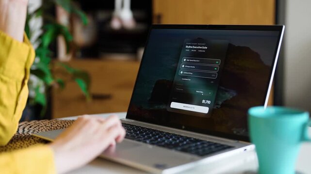 Woman using laptop to book hotel room reservation online.