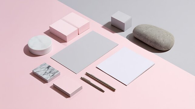 A stylish and modern stationery set featuring a mix of neutral and pastel colors, including a marble block, a stone, and a white paper.
