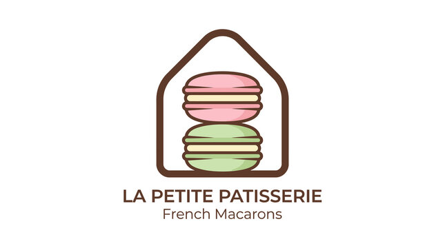 Boutique bakery logo design with pink and green stacked macarons