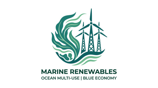 Marine renewables and blue economy logo with offshore wind turbines