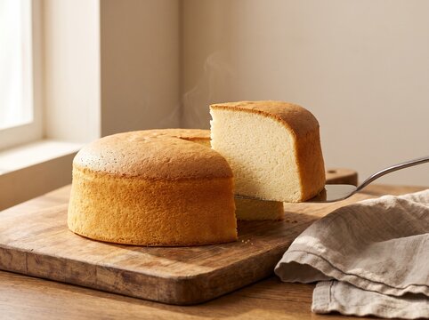 Close Up of Warm Sponge Cake Slice with Steam Rising on Rustic Board