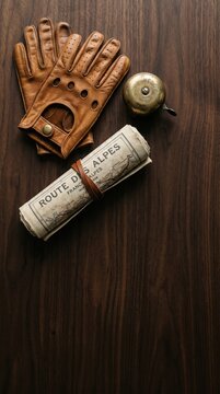 Warm brown leather gloves rest beside a polished bicycle bell and an old map of the Route des Alpes, inviting adventure on winding roads and breathtaking landscapes.