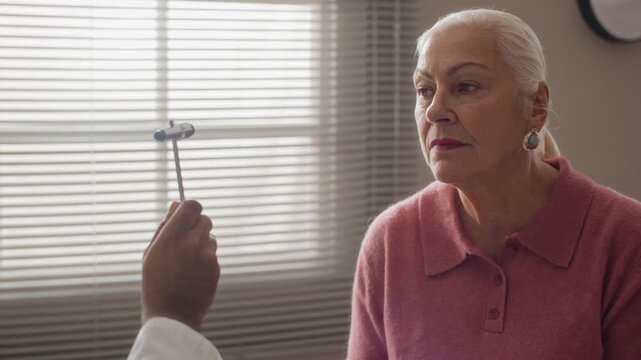 Caucasian senior woman undergoing neurological examination with male doctor holding reflex hammer. Footage is ideal for geriatric healthcare marketing and medical services promotion