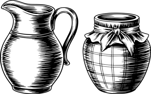 Un estilo vintage en blanco y negro con una jarra de cer&aacute;mica cl&aacute;sica y un frasco de mermelada r&uacute;stico con tapa