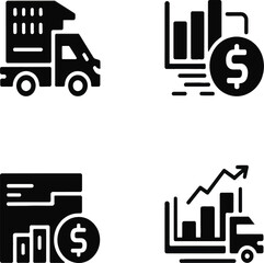 Fototapeta premium Logistics analytics and transportation finance icon set with delivery truck, shipping KPI dashboard, financial reporting and freight performance metrics isolated on white background