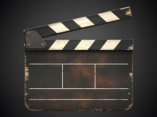 Fototapeta premium Vintage wooden film clapper board with black and white stripes on dark background
