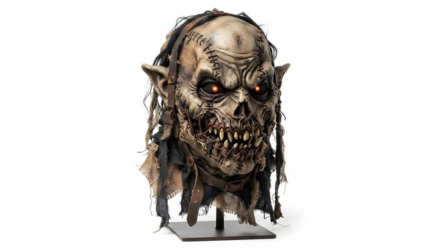 Fantasy orc warrior bust statue on display. Dark mythical creature sculpture with fierce expression and battle-worn armor.