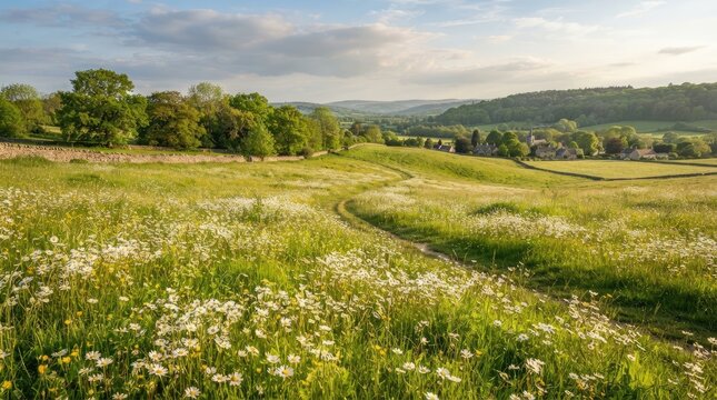 A picturesque landscape showcases a rolling green meadow filled with wildflowers under a bright, clear sky.