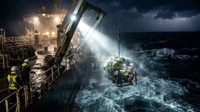 Crew members guide a yellow submersible into rough waves at night.