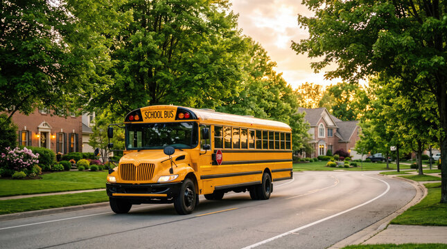 A yellow school bus drives down a suburban street lined with green trees and houses. The sun sets in the background, casting a warm glow.