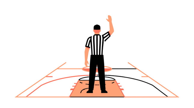 Minimalist Basketball Referee Vector Illustration on Court with Hand Raised