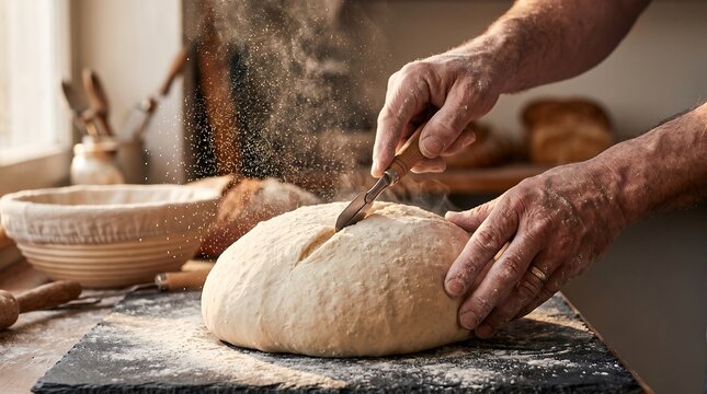 A baker's hands cutting into a loaf of bread on a floured surface