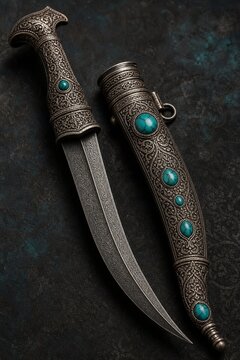 Curved dagger with intricate arabesque patterns and turquoise inlaid scabbard.