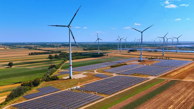 Aerial view of hybrid wind and solar power generation plant. Blue photovoltaic arrays and white generator towers stand across agricultural land in bright sunlight.