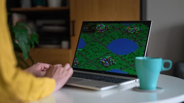 Woman playing economic strategy game on laptop.