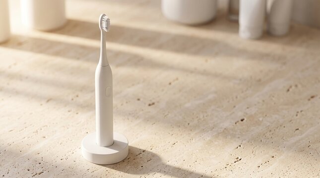 Minimal electric toothbrush standing on a charging base in a modern bathroom. Clean oral hygiene concept with natural light, copy space and premium healthcare lifestyle.