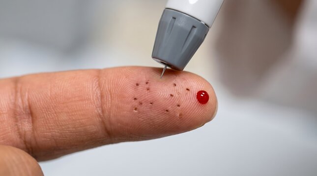 A close-up of a person's finger being pricked with a lancet for a blood test