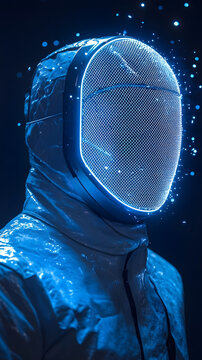 Fencer wearing a traditional protective mask glows with intense blue light while surrounded by floating digital sparks in a dark void.