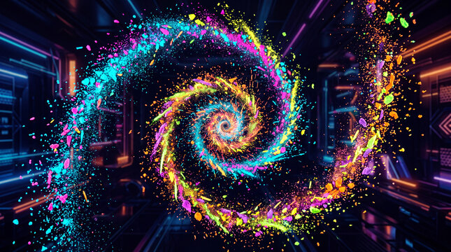 Abstract vortex of glowing particles creating a swirling tunnel effect with vivid neon light energy against a dark space background suitable for futuristic technology displays and cosmic themes.