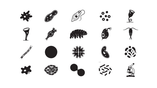 Comprehensive Set of Black Vector Icons for Microbes and Microscopic Organisms