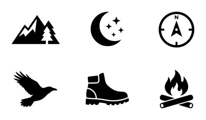 Obraz premium Outdoor Adventure Icons: Mountains, Moon, Compass, Bird, Boot, Campfire, Vector Set