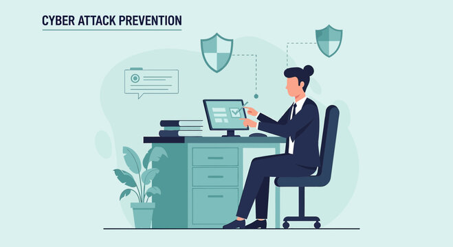 Cyber Attack Prevention: Person protecting data on computer with shield icons