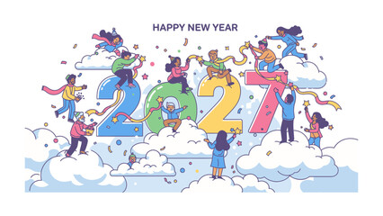 Fototapeta premium New Year Celebration Illustration: People are celebrating the New Year, decorating and assembling the number 2027, surrounded by clouds and confetti.
