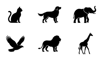 Obraz premium Diverse Animal Silhouettes: Cat, Dog, Elephant, Eagle, Lion, Giraffe Icons for Wildlife and Pet Themes