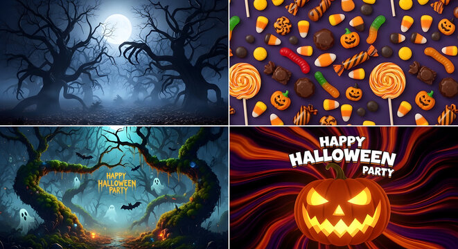 Spooky halloween background collection featuring jack o lanterns and treats halloween jackolantern background celebration decoration silhouette lollipop