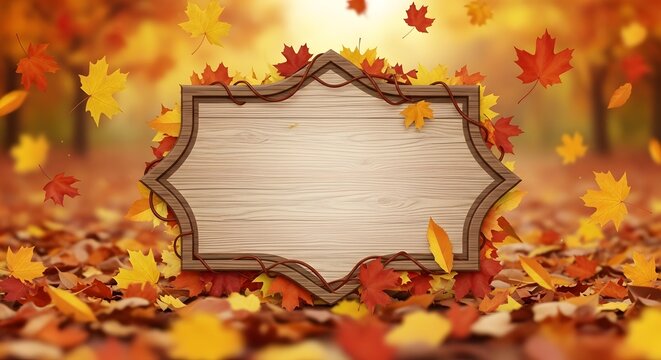 Rustic wooden sign frame surrounded by colorful autumn fall leaves with background template november outdoors seasonal decoration landscape invitation