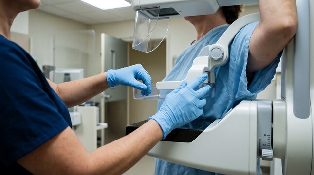 A medical professional assisting a patient during a mammogram procedure in a modern hospital room