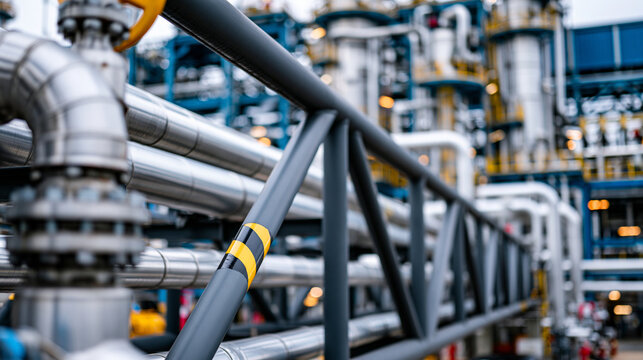 Steel pipe bridge crossing between refinery process units with dramatic industrial perspective, ultra photorealism, cinematic color correction, natural uneven lighting yet gentle backlight, soft ric