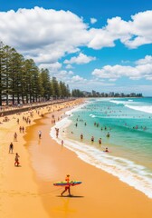 Fototapeta premium Crowded Manly Beach with Lifeguard and Norfolk Island Pine Trees on a Sunny Summer Day in Sydney, Australia