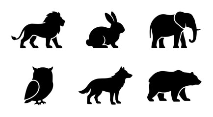 Obraz premium Wild Animal Silhouettes: Lion, Rabbit, Elephant, Owl, Wolf, Bear Icons Set