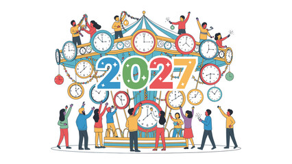 Fototapeta premium Countdown to 2027: A vibrant illustration depicts a group of people enthusiastically celebrating the arrival of the year 2027, surrounded by numerous clocks.